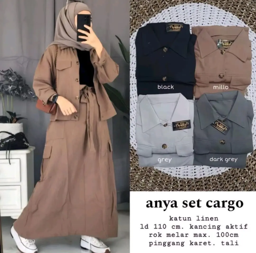 COD - Anya Set Cargo Setelan Rok 2in1 Modern Kekinian Matt CRINGKLE  Polos Basic OOTD Wanita Remaja Muslim Korean Style set 1 setelan pakaian soft peach celana murah oneset Crinkle Airflow Atasan Casual
