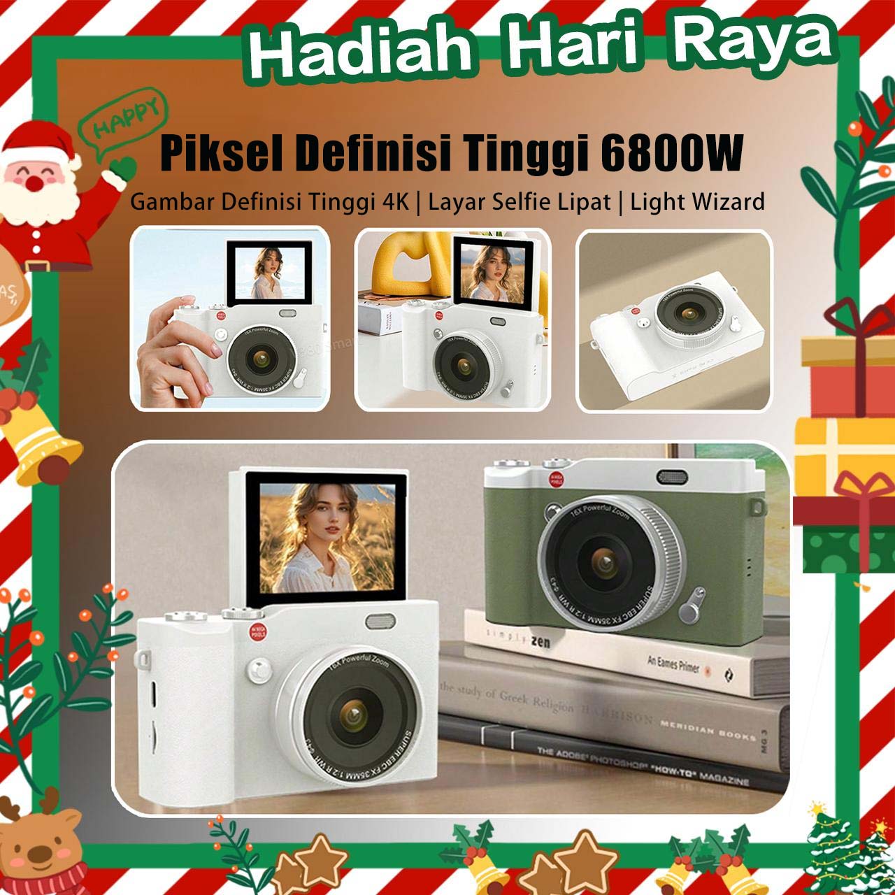 【Kado Hari Raya Kekinian】4K Digital Kamera Gaya Retro 68MP Portable CCD Retro Kamera Digital Vintage 2.4 inch 8X Zoom Compact Small Camera 180 Flip Screen Video Camcorder for Teens Adult Beginner【Gift stickers】Hadiah Lebaran Layar Foto V380 Smart