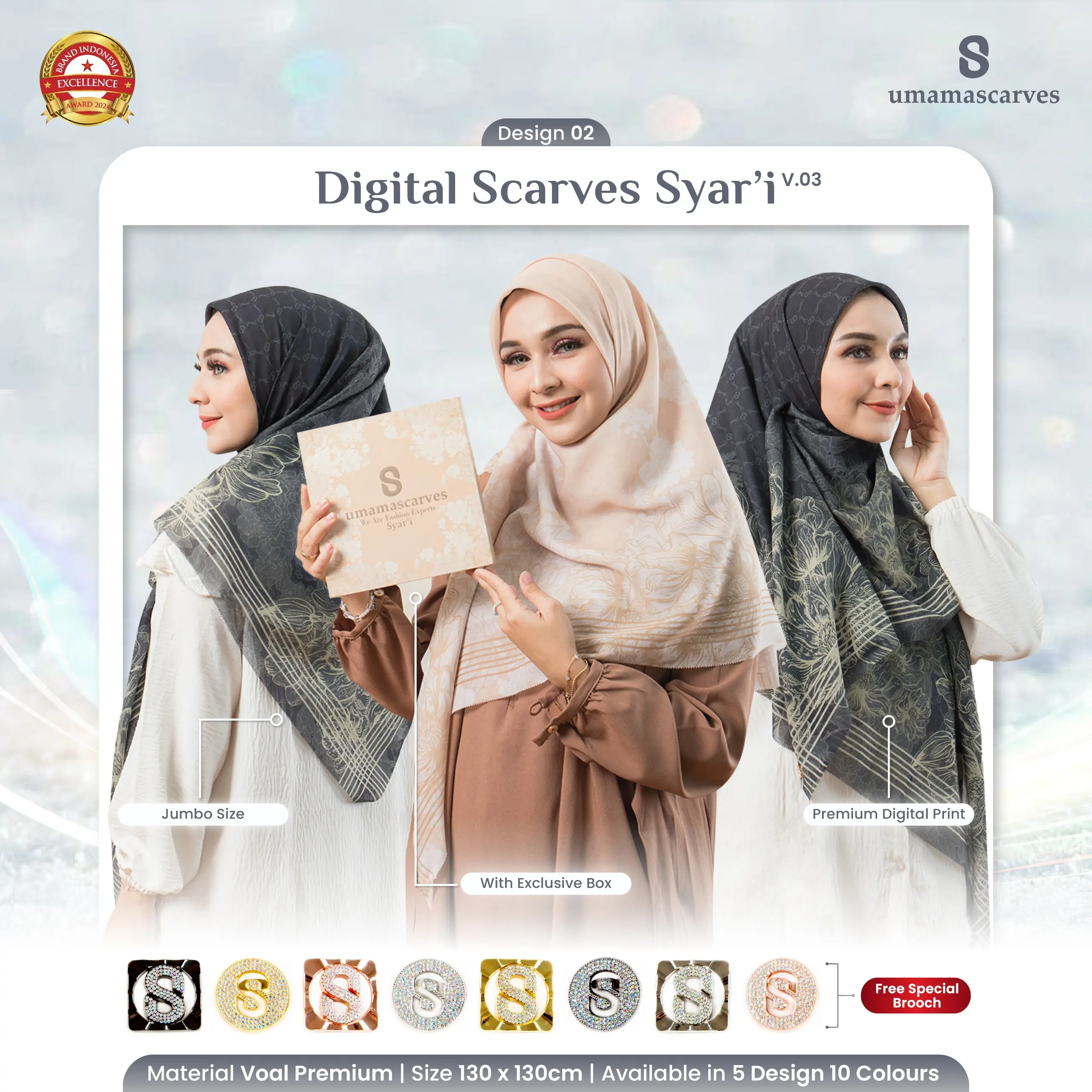 BOX SCARVES SYARI MOTIF FREE BROOCH Jilbab Voal Motif Umama Digital LC 130X130Cm