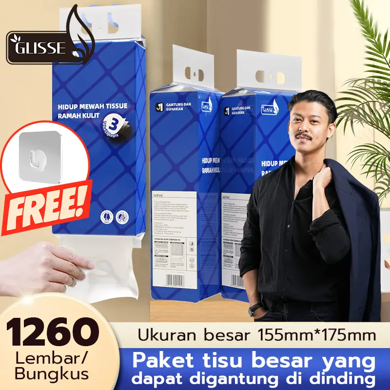 【Exclusive ompolos】GLISSE  Tisu Gantung  tebal 3 PLY  1260 Helai untuk pakai dirumah ekonomis Tisu makanan dengan kemasaan besar-Free Gantungan 0