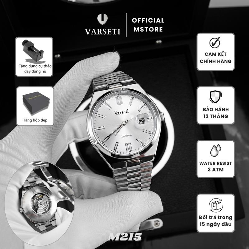   ĐÌNH TRƯỞNG  M215 – Đồng hồ Cơ Varseti Automatic nam dây thép bạc – Mặt trắng silver sunburst tối giản cọc baton thanh lịch lịch ngày kính lúp 3h – Lưng lộ máy chống nước 3ATM 