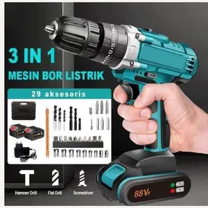 【snickersID】Mesin Bor Listrik 88VF 10mm Bor Tangan Baterai Besi Tembok Beton Kayu Cordless Drill Bor Cas Torsi Variabel LED Ringan