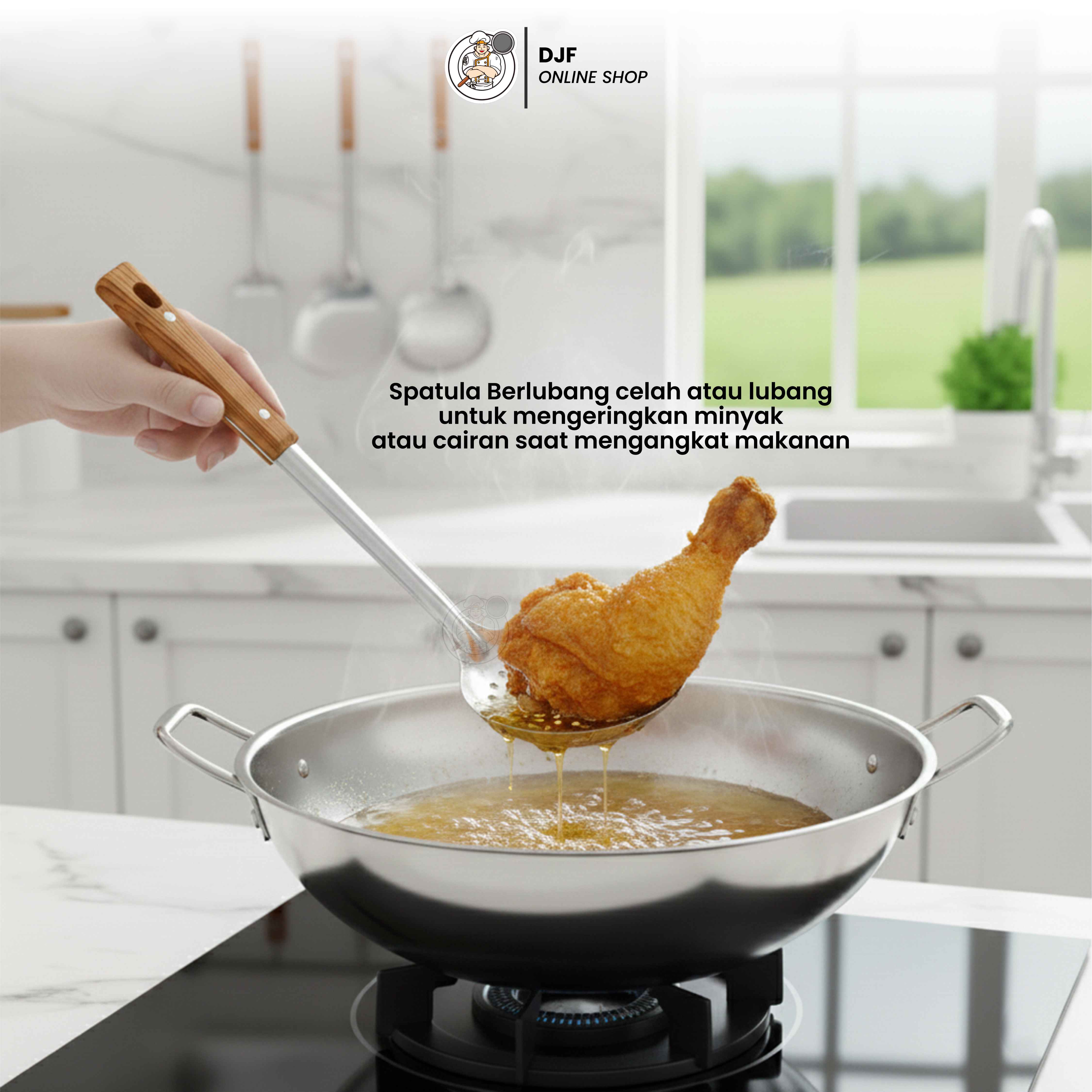 (1set isi 3pcs) Alat Masak Stainless Steel Gagang Panjang Kayu Irus Sodet Skimmer Kuat Tebal Tahan Lama Anti Panas