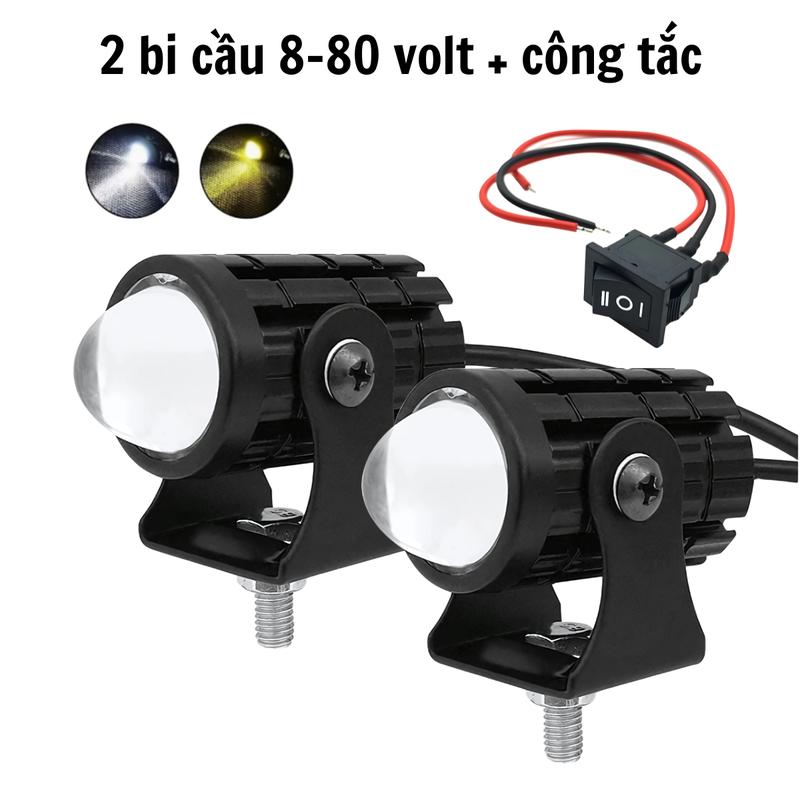 [VG22] Combo 2 Đèn LED bi cầu mini 2 màu trắng vàng + phụ kiện công tắc 3 giắc nối dùng nguồn 8-80V DC gắn xe máy oto xe điện