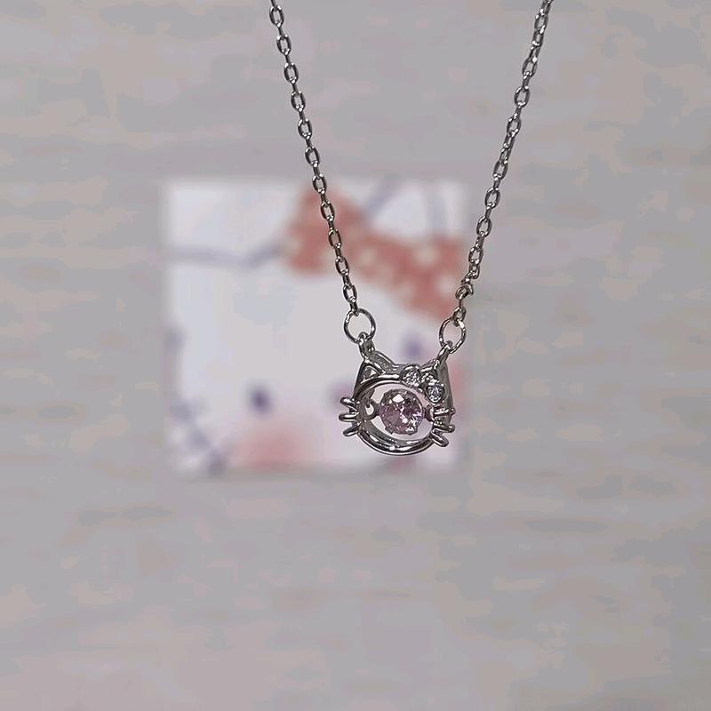 S925 Kalung Kucing KT  Merah Muda Hellokitty Rantai  Zircon  - Kalung Busur  Zircon HK - Kalung  Hellokitty 2