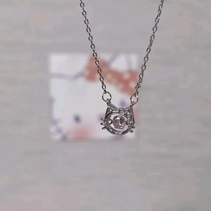 S925 Kalung Kucing KT  Merah Muda Hellokitty Rantai  Zircon  - Kalung Busur  Zircon HK - Kalung  Hellokitty 2