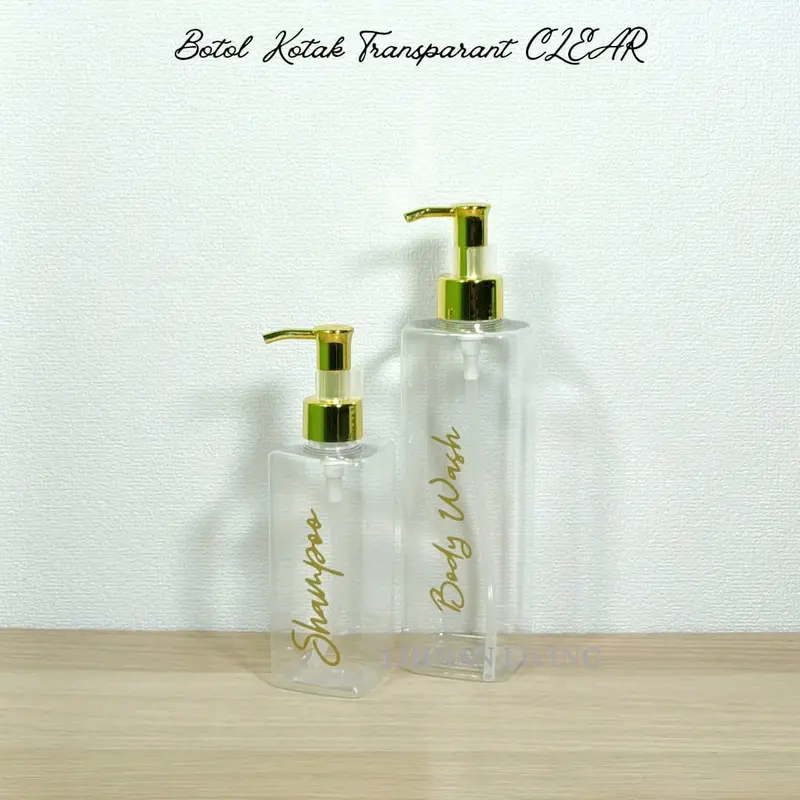 Botol Sabun Cair Aesthetic Kotak Transparan & Amber Glosy Gold dengan Pump Gold Luxury - Plastik 6