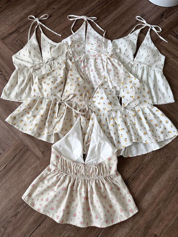 CÓ ĐỆM Áo Yếm Nữ Linen Hở Lưng Hoa Nhí Cột Dây đi biển mùa hè vintage m6005