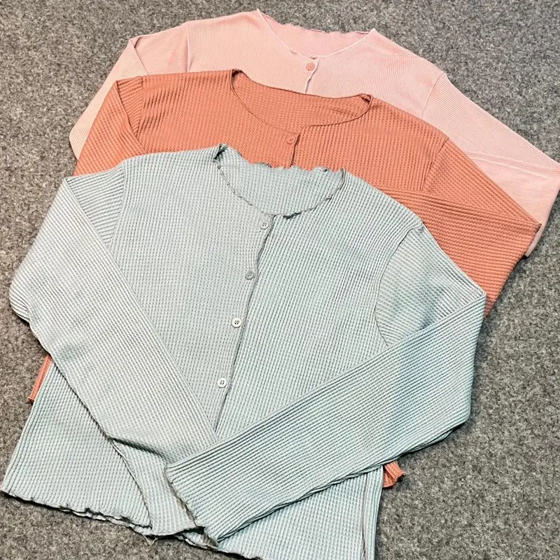 Cardigan Waffer Korean style crop top wanita lengan panjang Cardigan atasan wanita cantik premium