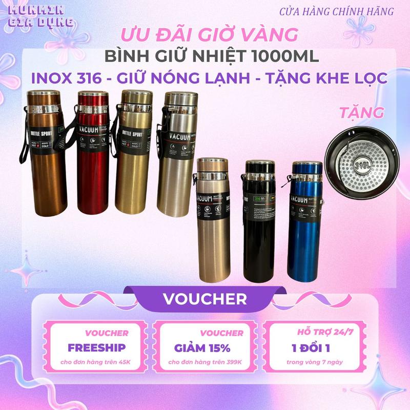 BÌNH GIỮ NHIỆT 1 LÍT INOX GIỮ NHIỆT 12H GIAO MÀU NGẪU NHIÊN