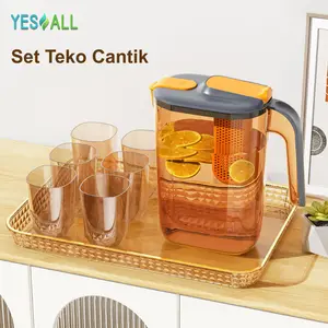 YESALL Set Teko 2.6L Estetik dengan 6 Gelas & Nampan / Teko Air dengan Saringan / Pitcher Cantik untuk Tamu & Keluarga