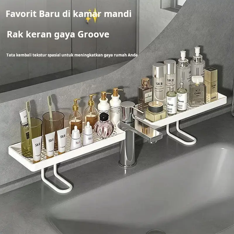 Rak Penyimpanan Kamar Mandi Berdiri Tanpa Bor, Rak Tempat Kosmetik di Depan Cermin, Wastafel & Keran Kamar Mandi