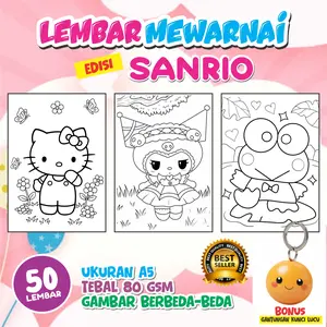 50 Lembar Kertas Mewarnai Edisi Sanrio Tebal 80 Gsm Ukuran A5 Bonus Gantungan Kunci Lucu - Hobi Mewarnai