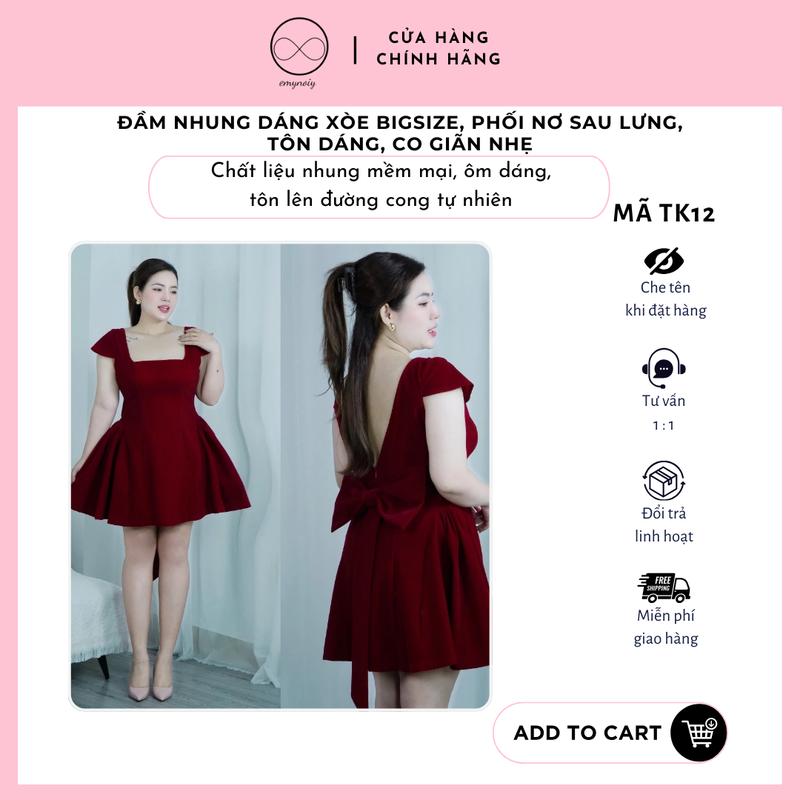 Mã TK12 – Đầm nhung dáng xòe bigsize phối nơ sau lưng tôn dáng co giãn nhẹ