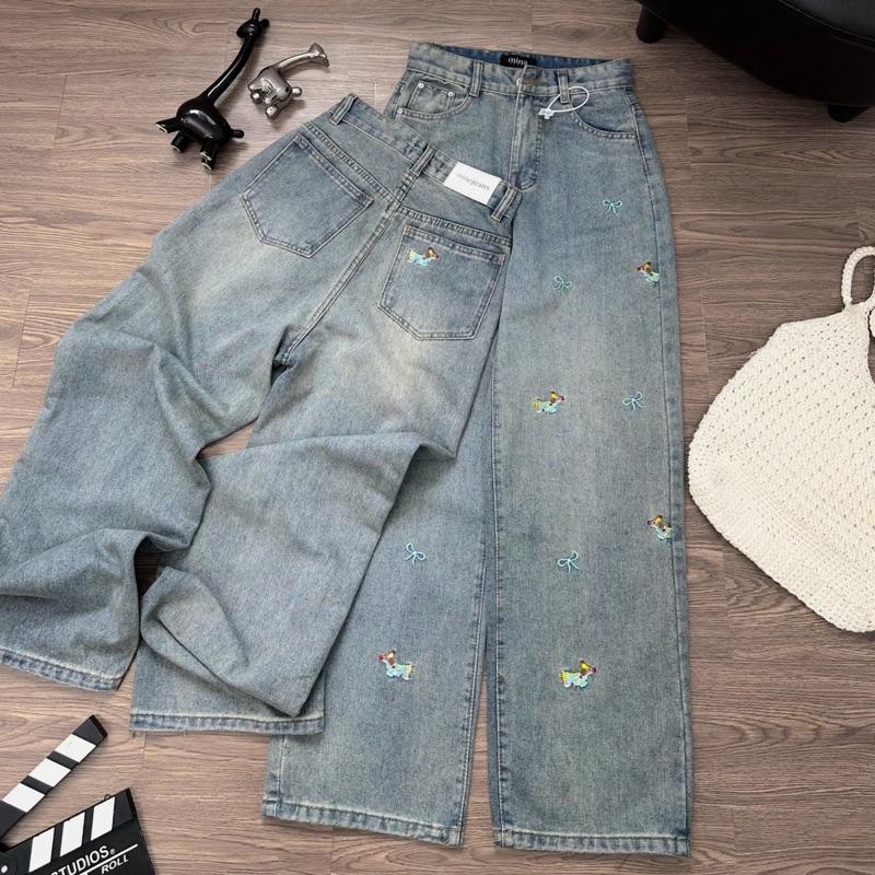 (MINA JEANS)(Dài 98CM) Quần Jean Ống Suông Thêu CÚN NƠ XANH BLUE Vải Siêu Dày Mềm Thơm