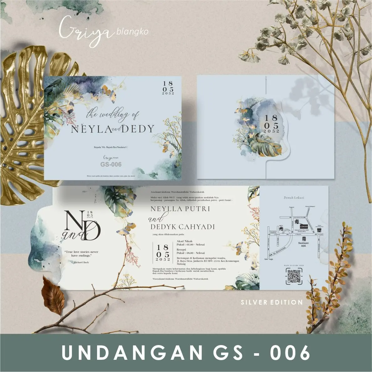 (50 PCS) Undangan Pernikahan Motif Floral Fullcolor - Undangan Lipat Aestetic Free Kertas Label Plastik Card Foto