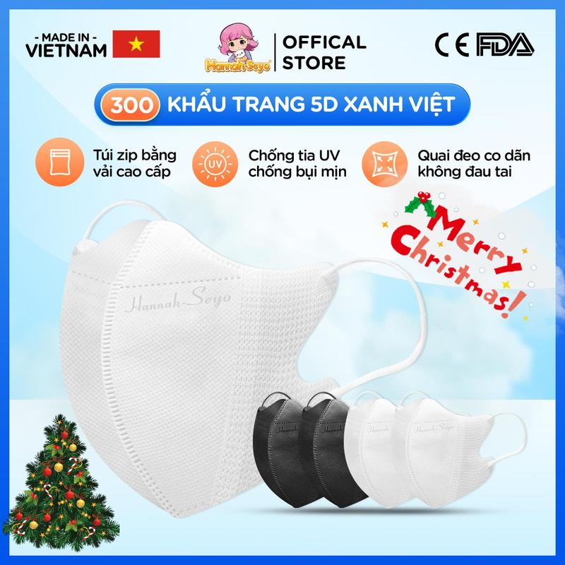   DEAL GIÁ HỜI  Thùng 300 Chiếc Khẩu trang 5D Xanh Việt HANNAH-SEYO chống tia UV chống nắng bụi mịn 3 lớp chất liệu Polyester & vải lọc BFE≥99% quai co giãn 