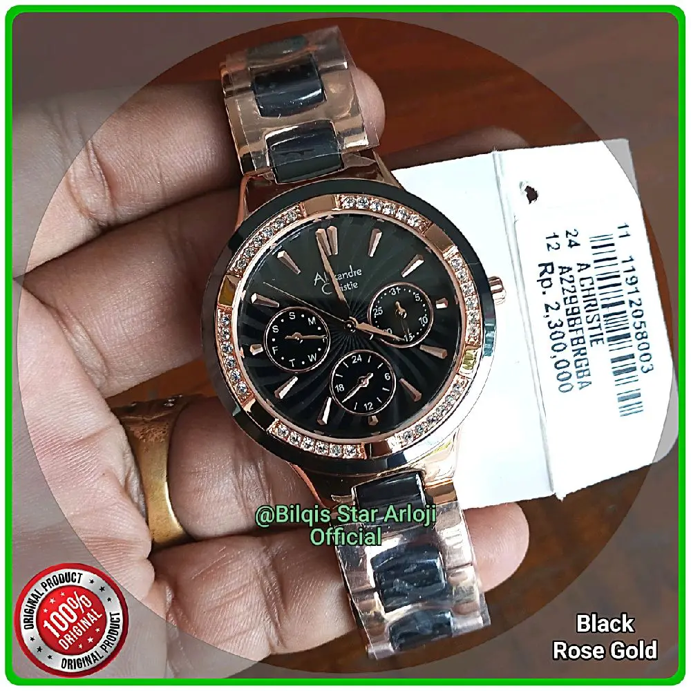 Alexandre Christie Wanita AC 2299 Ceramic Black Rose Gold Original 100%