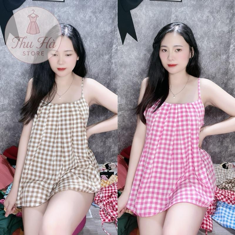 (40-85kg)Bộ lụa mềm áo hai dây quần đùi có túi quần kẻ sọc caro cho phụ nữ - Women Voi Nhung
