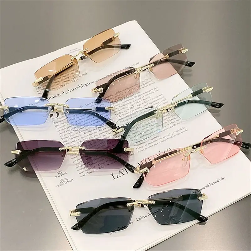 Rimless Sunglasses for Women Men, Trendy Frameless Rectangle Sun Glasses  Retro Shades Fashion Default