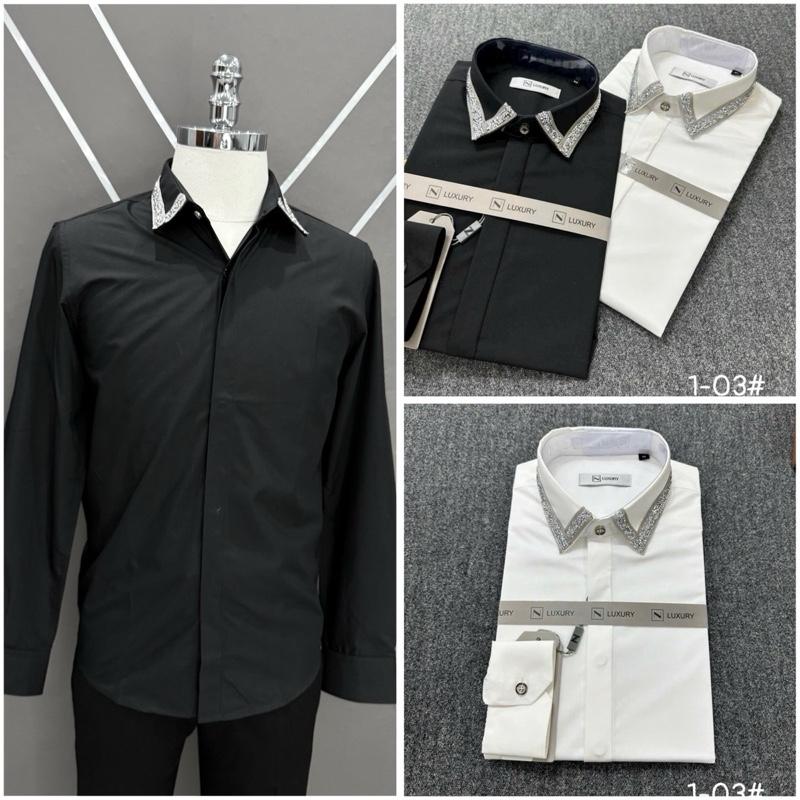  Áo sơmi nam đính đá viền cổ áo cao cấp luxury 