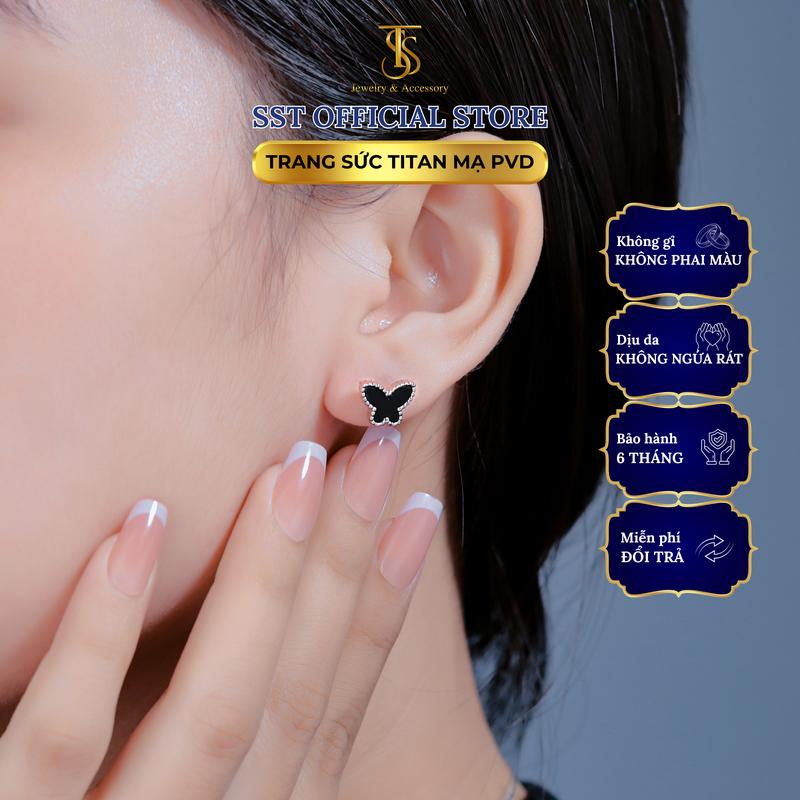 Bông tai Titan SST Mặt hình cánh bướm đen thanh lịch Không Đen Gỉ BT153