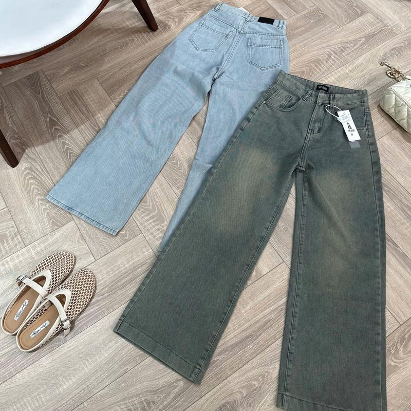 THE QUAO - Quần Jean Nữ Lưng Cao Ống Rộng 27CM Túi Kiểu Màu Xanh Nhạt phủ Bụi nhẹ S0503_609