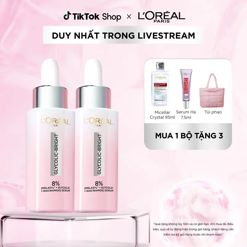 Bộ 2 Serum sáng da tức thì L'Oreal Paris Glycolic Bright Instant Glowing Serum 1.0% Glycolic Acid 30mlx2 0