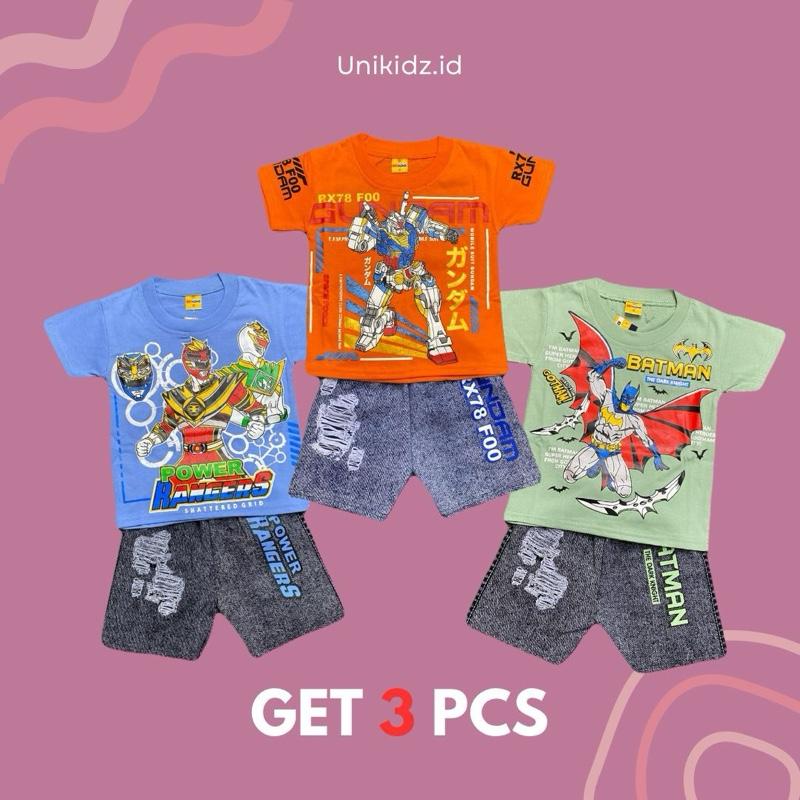 Unikidz 05 | 3 Setelan Anak Laki-Laki dari Bahan Cotton Combed dengan Motif dan Warna Acak - Fashion, Baju 0