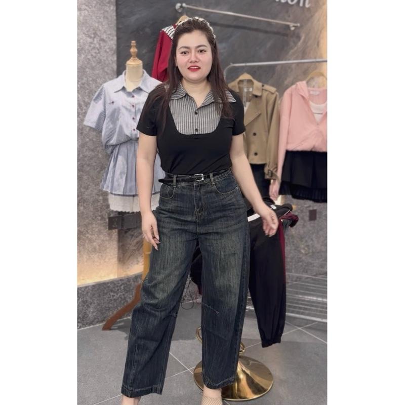 8989 BIGGSIZE Quần baggy jeans nữ cạp cao không co dãn quần baggy dáng thụng tạo kiểu hai bên