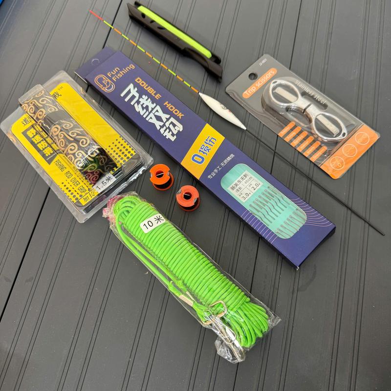  Bộ phụ kiện câu cá giá tốt - 1 Thẻo T1 - 1 Cuốn vân mây - 1 dây bảo vệ - 1 kéo inox rẻ - Chì Ốp cần Phao câu đài 
