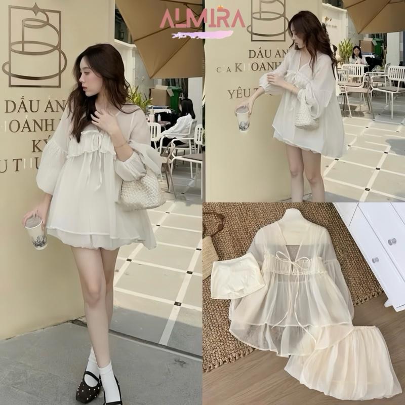 [Hàng Có Sẵn] Sét Bộ 3 Món Áo Babydoll Tơ Xốp Buộc Dây + Áo Quây + Chân Váy Bí Siêu Phồng