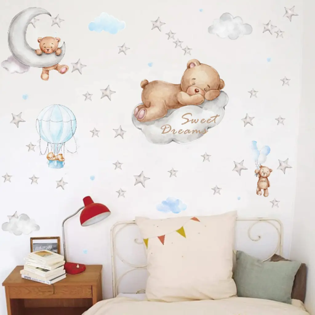 Byoqqwg Cartoon Wall Sticker Background Decor Adorable Bear Sleeping Wall Sticker for Kids Room Decor Moon  Stars Nursery Decals for Sweet Dreams Self-adhesive Cartoon