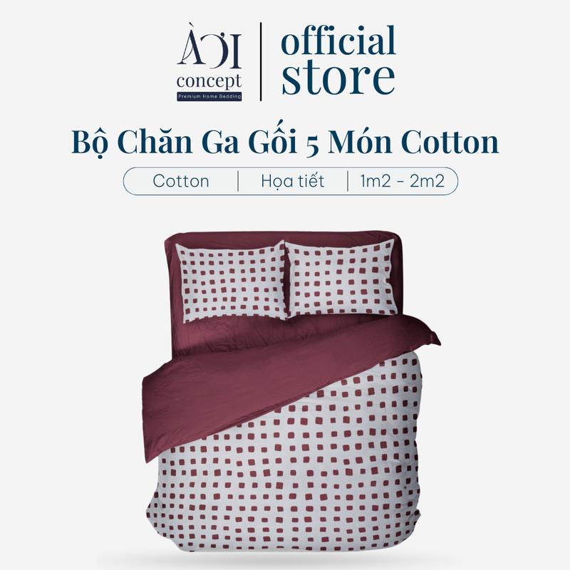 Bộ Chăn Ga Gối 5 Món Cotton Satin Hoa Tiết 1m2 - 2m2 Cao Cấp AOICONCEPT Drap Giường Bọc Chun Vỏ Mền Vỏ Gối Ôm Màu Trơn Sang Trọng