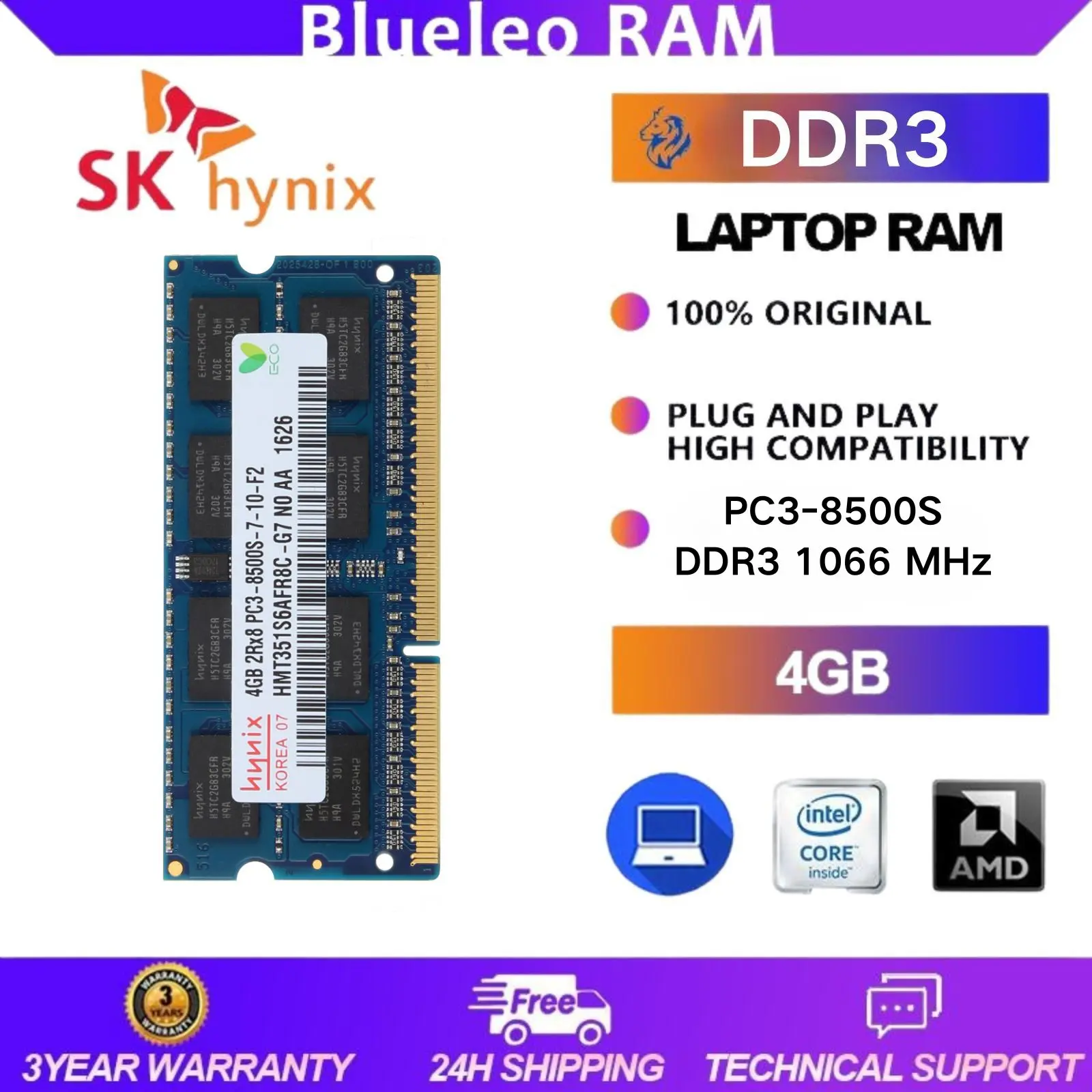 Hynix 4GB DDR3 1066 MHz PC3-8500S 204PIN SO-DIMM RAM Laptop Memory Upgrade