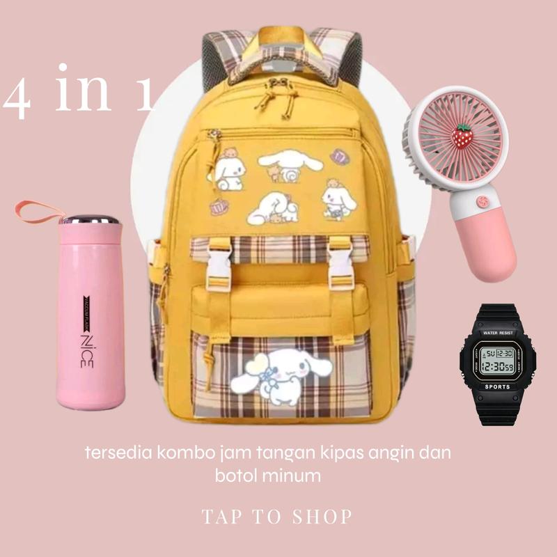 TAS RANSEL SEKOLAH ANAK PEREMPUAN SD SMP SMA CINNAMOROL COMBO JAM TANGAN KIPAS BOTOL MINUM DAN GANCI 1