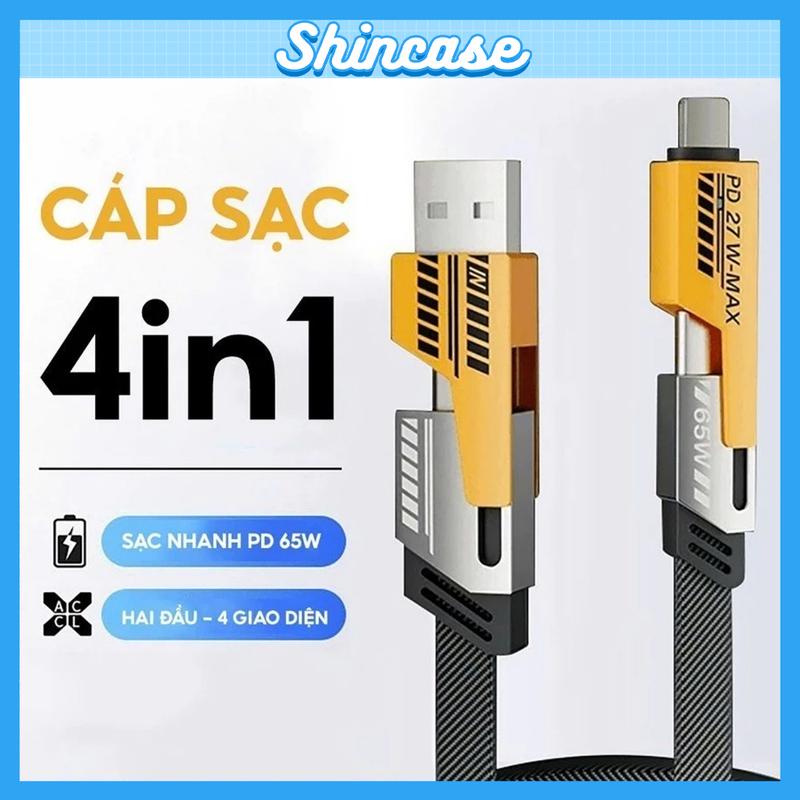 Cáp Sạc, Cốc Sạc Nhanh Đa Năng 4IN1 20W/65W/120W Cao Cấp 1.2M Sạc Dây Dù Chống Đứt Gãy, Cho Điện Thoại Iphone/Androi - Cho USB-TypeC, TypeC-TypeC, TypeC-I.P, USB-I.P, Bảo Hành 1 Đổi 1 6 tháng Shin Case