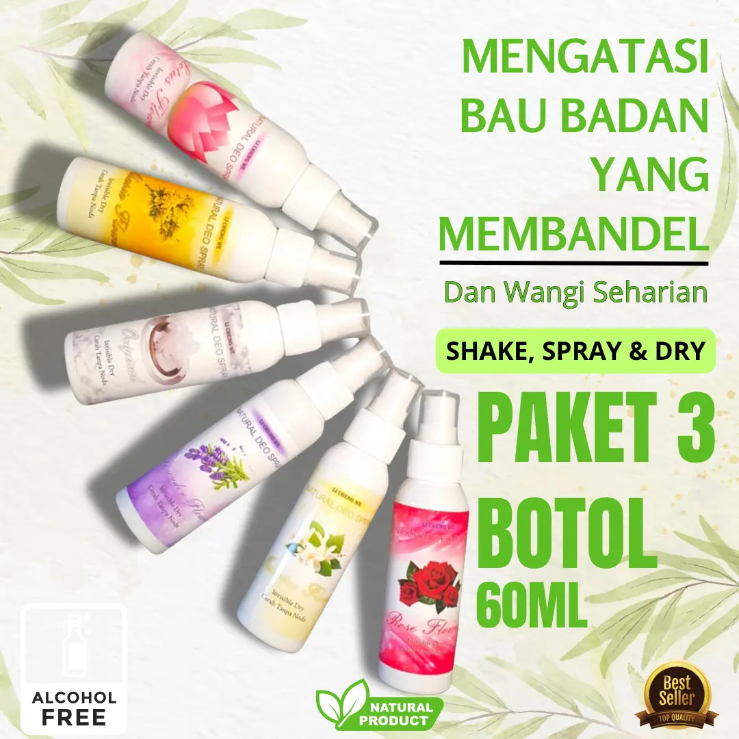 Paket 3 Botol 60ml NATURAL DEODORANT TAWAS SPRAY ORGANIK PENGHILANG BAU BADAN KETIAK ALAMI BY LCW
