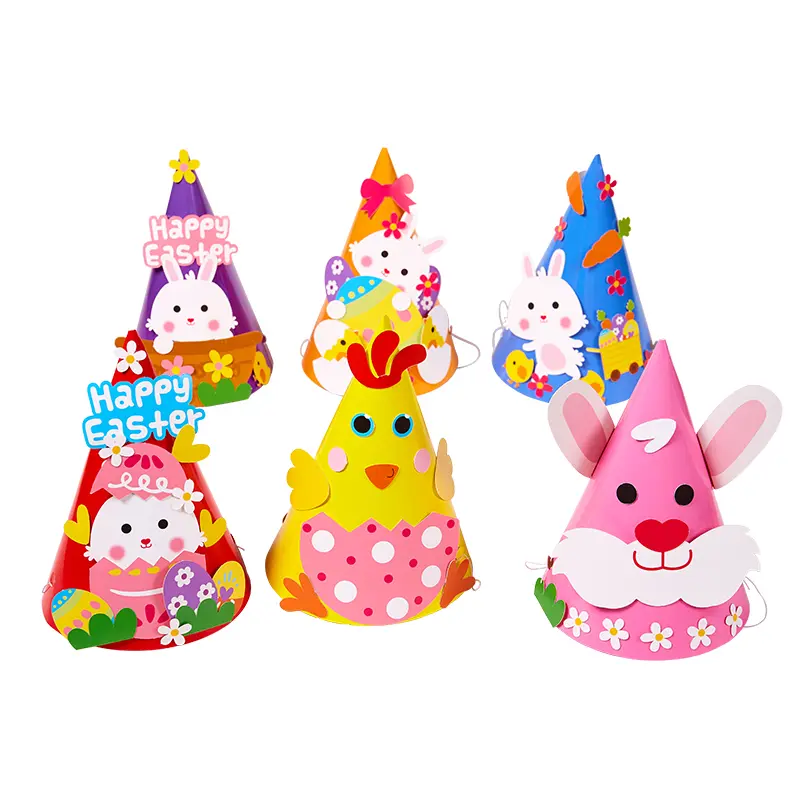 Easter decoration handmade DIY children making paper cups bunny hat stickers parent-child activities Easter gift dress up props