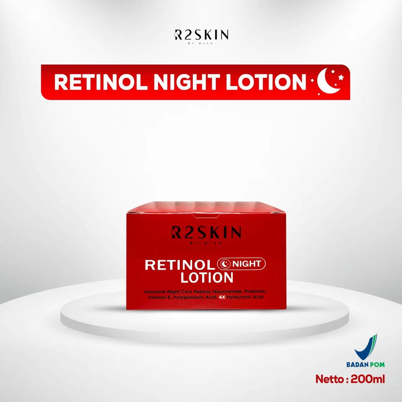 R2SKIN Lotion Malam Retinol dengan Niacinamide 2%,4x Hyaluronic Acid,Vitamin E dan Collagen - Mencerahkan Kulit