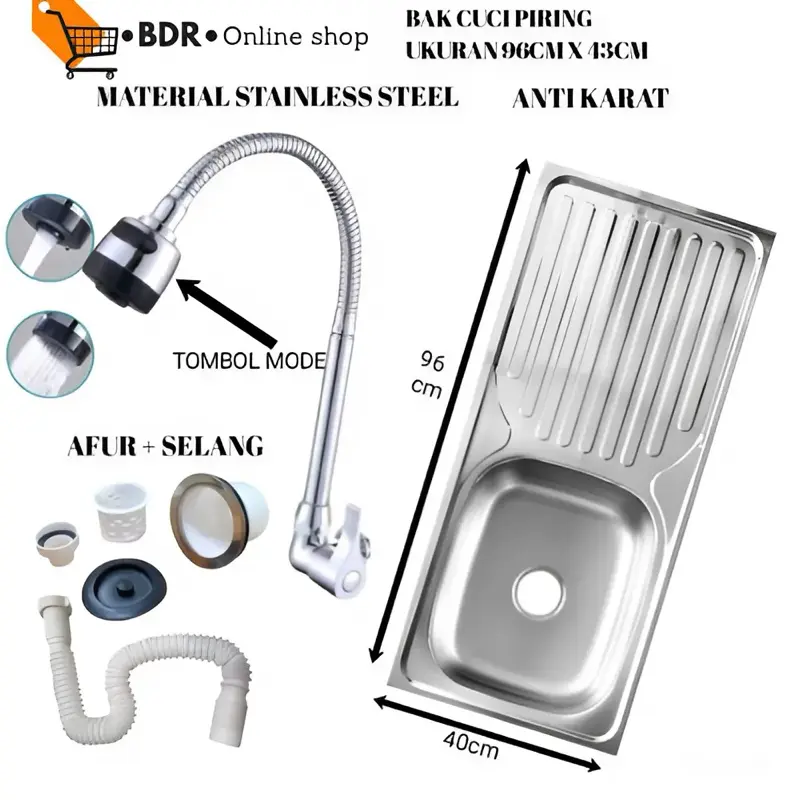 Wastapel Bak Cuci Piring 96cm x 43cm 1set + Kran Fleksibel Material Stainless Steel Anti Karat Selang Kitchen