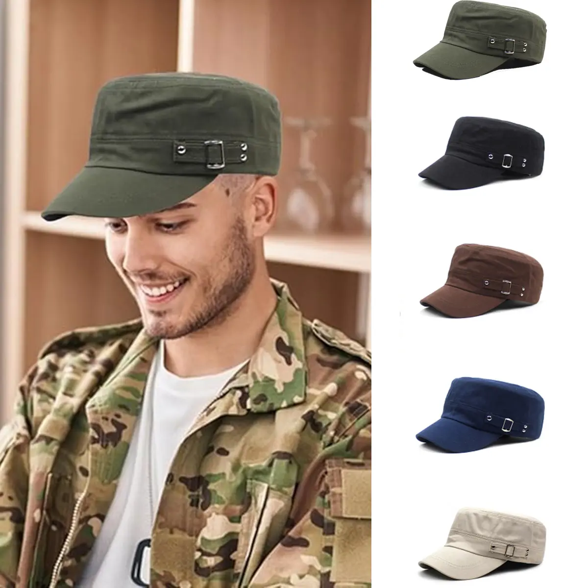 Cadet Cap Men Women Flat Top Cap Summer Adjustable Chapeau Visor Hat Cap for Men
