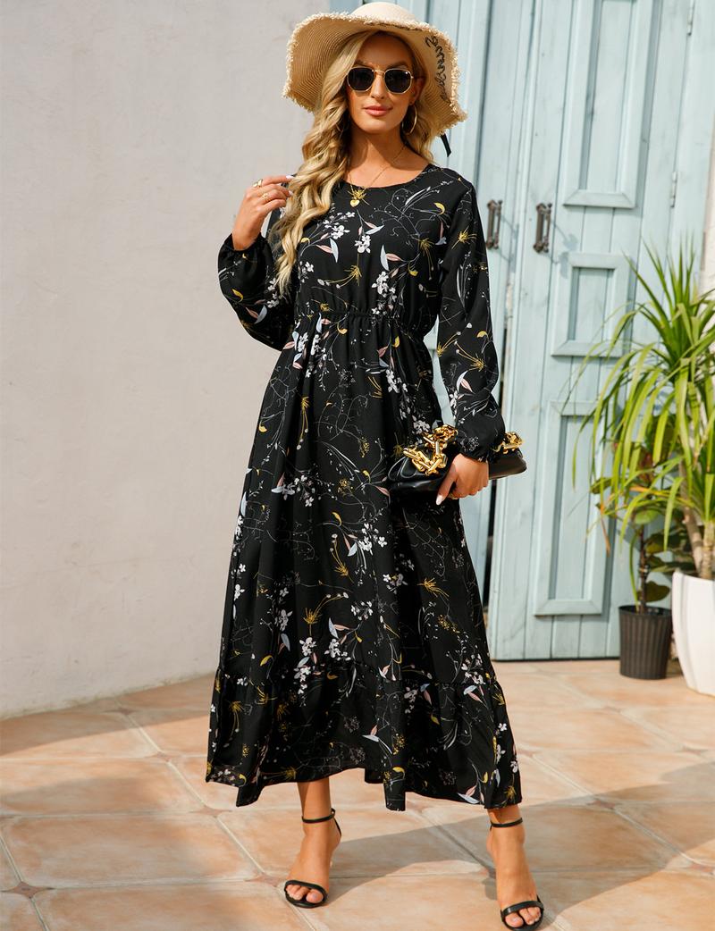 Product Introduction of Cross-Border Foreign Trade Spring and Autumn Floral Chiffon Dress Waist-Controlled Slimming Long Sleeve round-Neck Long Printed Dress Women's 24