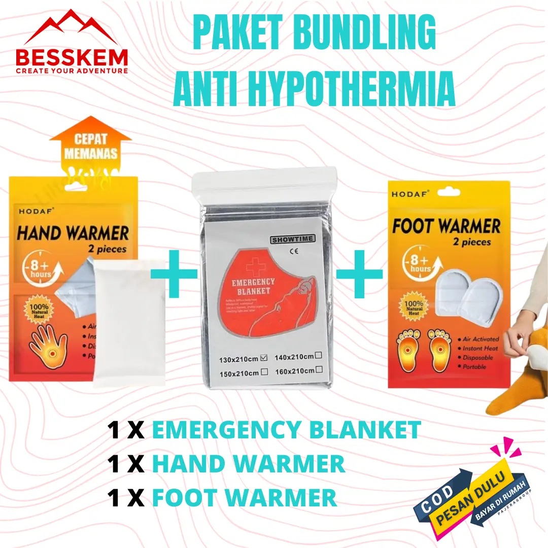 Paket Anti Hypothermia Emergency Blanket Handwarmer dan Foot Warmer