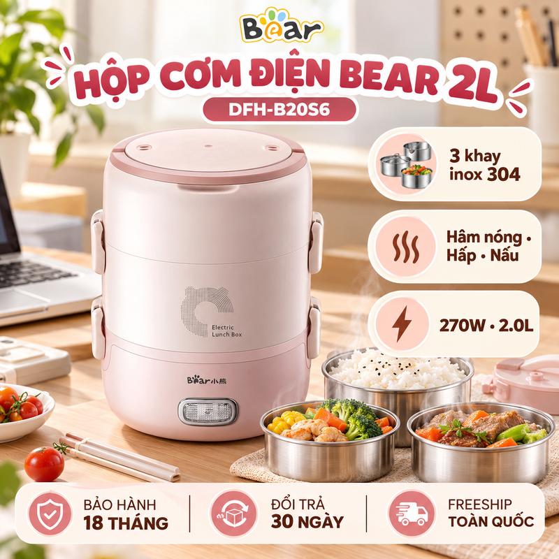 Hộp cơm điện Bear DFH-B20S6 3 tầng tròn 2L Nhỏ Gọn Tiện Lợi, Hộp Cơm Văn Phòng bảo hành 18 tháng