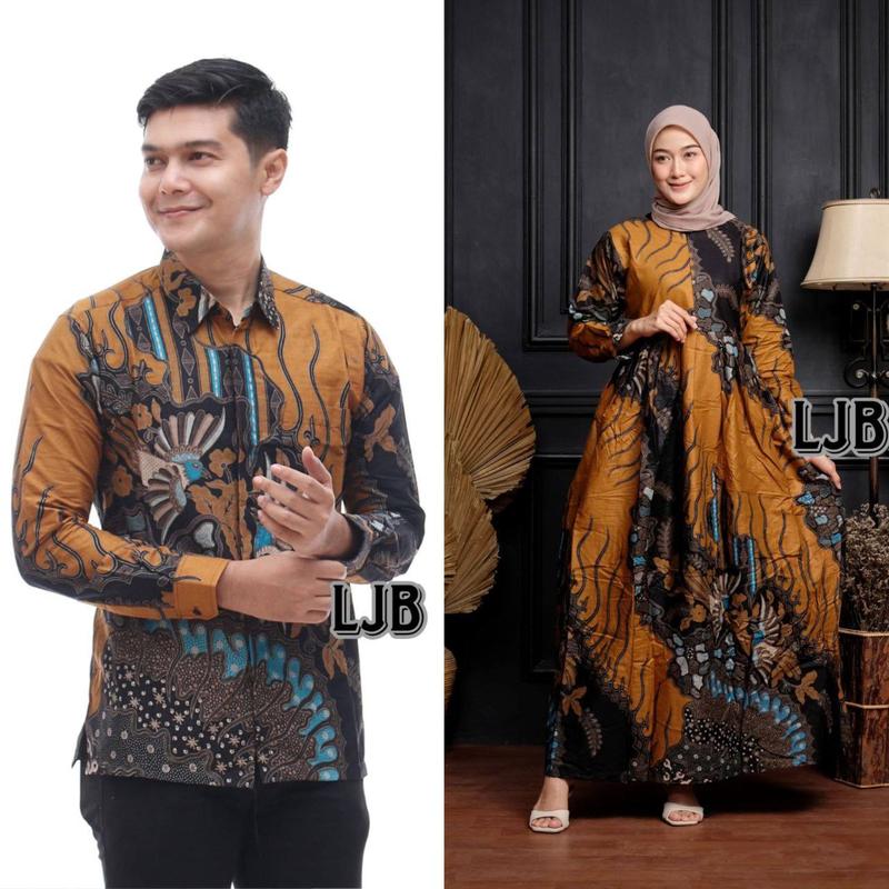 Baju Batik Couple Modern - Sarimbit Batik Kondangan Kekinian - Couple Gamis Batik dan Kemeja Polyester Dewasa Katun Motif Muslim Panjang Pasangan Dress Keluarga Seragam Kombinasi 3