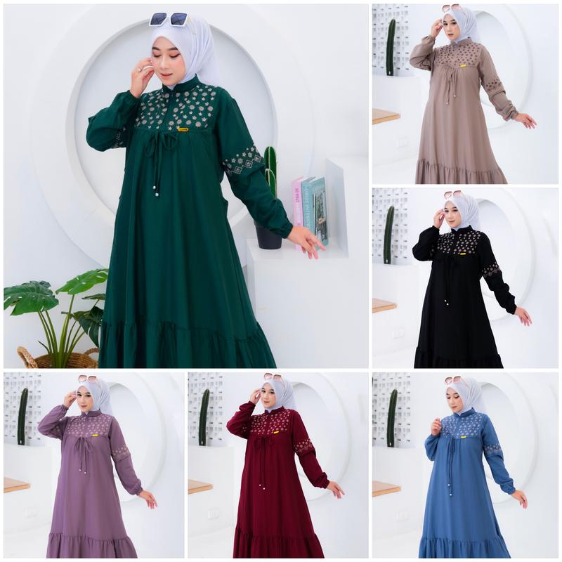 Gamis Bordir Wanita LYLYA Mat Polo Linen Premium Terbaru Busui Friendly Dress Motif Model Kekinian 3