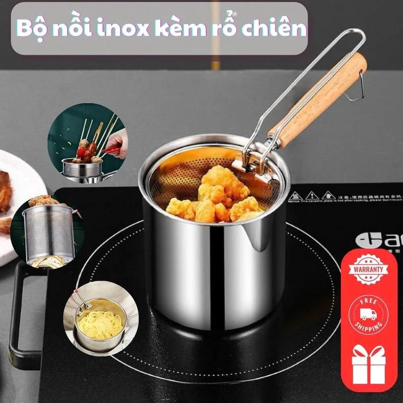 Nồi Chiên Ngập Dầu Mini 1200ML Inox Chống Gỉ Kèm Rổ Lọc, Dùng Bếp Từ Bếp Gas, Tiết Kiệm Dầu
