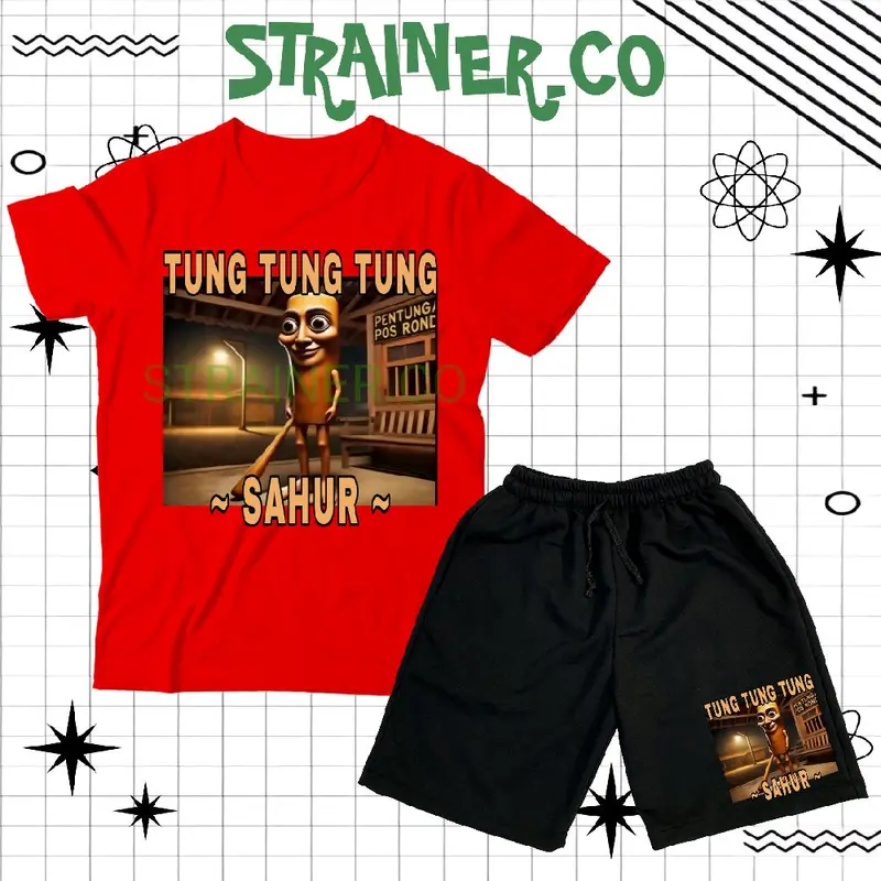 (BISA COD) Setelan Fashion Kaos Anak Baju Anak Celana Pendek Anak Distro TUNG TUNG TUNG SAHUR / Set Kaos Dan Celana Boardshort Anak TUNG TUNG SAHUR Unisex Spesial RAMADHAN 2025 VIRAL Usia 3-12 Tahun FREE NAMA 2