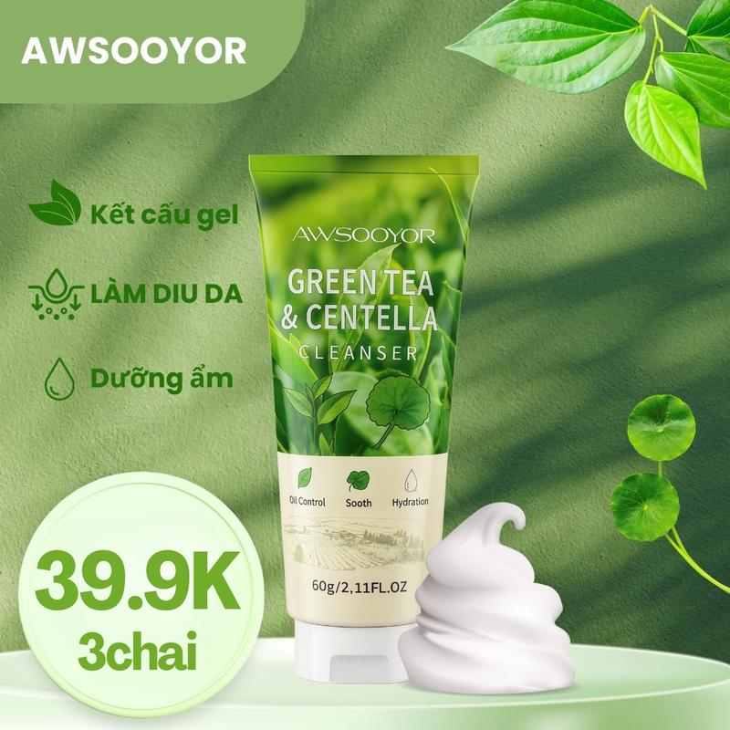 AWSOOYOR sữa rửa mặt trà xanh rau má 60ml làm sạch dịu nhẹ hỗ trợ cân bằng dầu-nước cho da cảm giác sạch khỏe mà không khô căng phù hợp dùng hằng ngày cho da dầu da khô và da hỗn hợp.